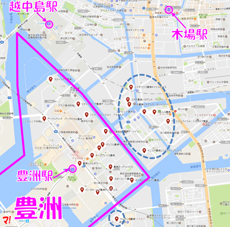 マンション名に「豊洲」が含まれる物件の分布図