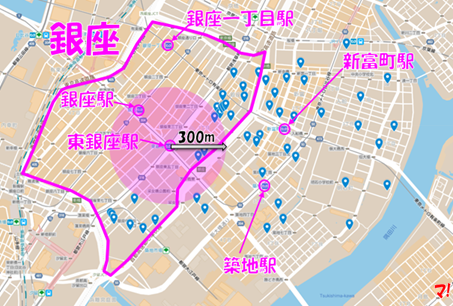 マンション名に「銀座」が含まれる物件の分布図