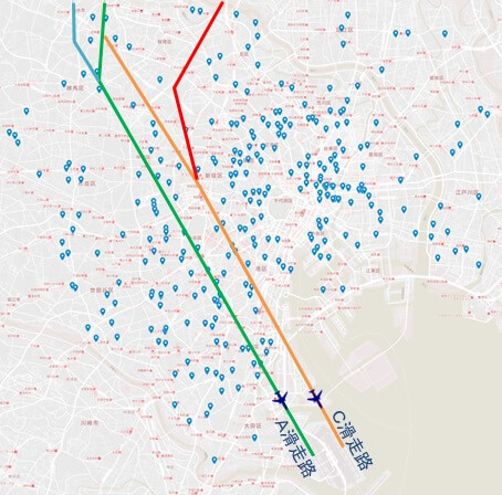羽田新飛行ルートマップに、309件を落とし込んだ