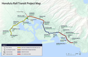 HART路線図（一番東のカリア駅がアラモアナセンター、西隣のククルアエオ駅がカカアコ地区）