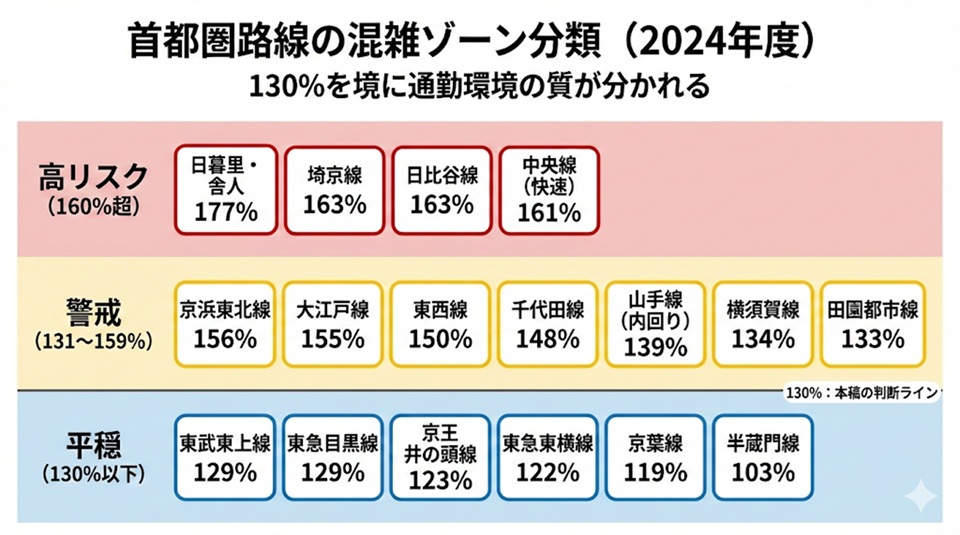 首都圏路線の混雑ゾーン分類（2024年度）