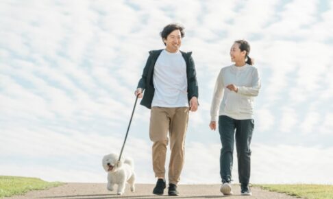 公園で犬の散歩をする家族